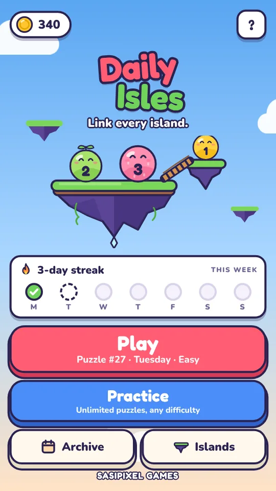 The main menu: the Daily Isles title above three critters on floating islands joined by a rope bridge, a 3-day streak, and the Play and Practice buttons.