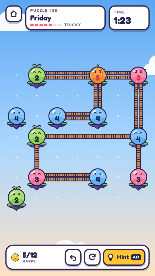 A Friday puzzle in progress: round critters with numbers stand on small floating islands, linked by single and double plank bridges.
