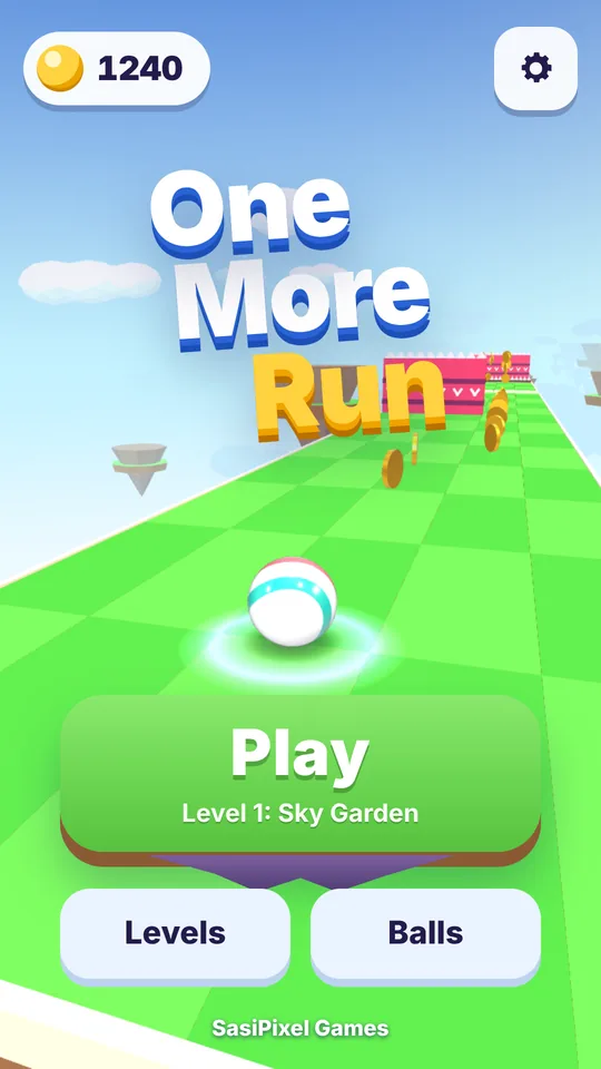 The main menu with the Play button for Level 1, Sky Garden, and the Levels and Balls buttons.