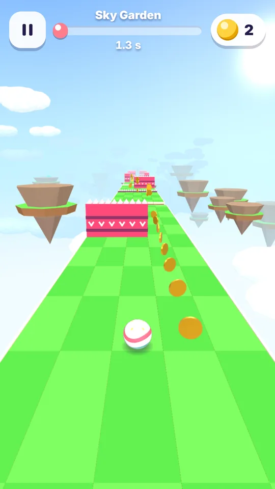 Sky Garden: a green checkered track with a row of coins and a red block ahead, floating islands on both sides.