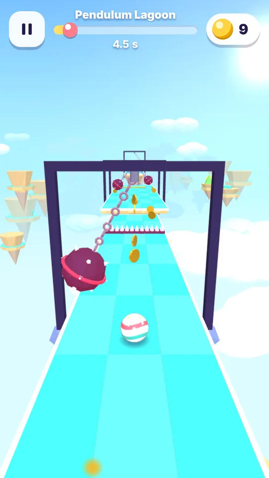 Pendulum Lagoon: a wrecking ball swings from an arch over a turquoise track.