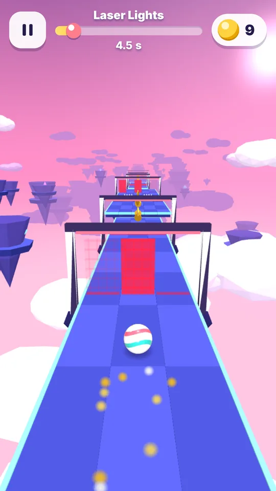 Laser Lights: red laser gates stand across a blue track under a pink sky.