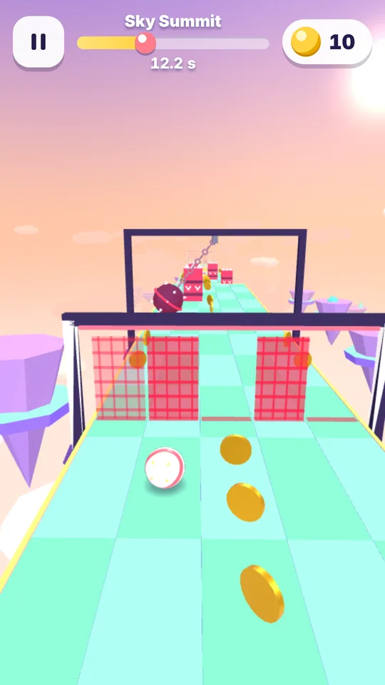 Sky Summit: a wrecking ball and red laser walls on a mint-green track, with coins to the right.
