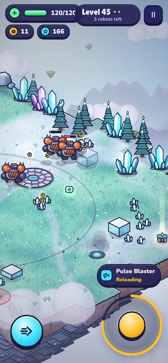 A level in the Frozen Facility with ice crystals, pine trees and robots.