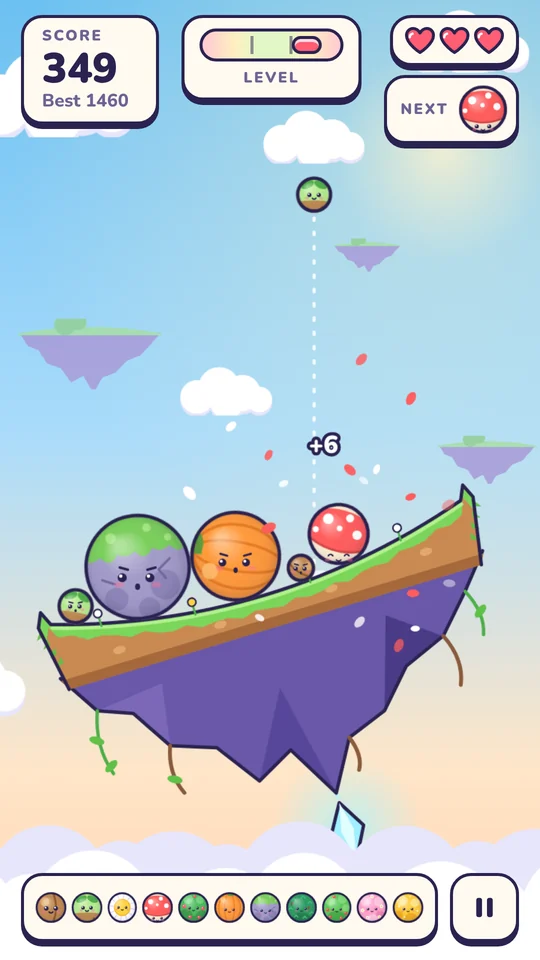 The island tips to the left; a mossy stone and a pumpkin look worried, and the level gauge shows red.