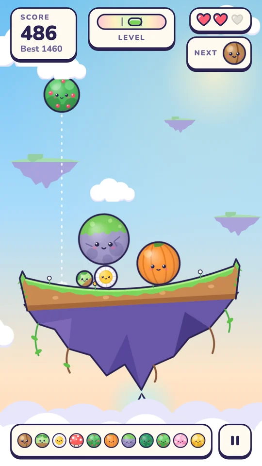 A calm run: a berry bush is about to drop onto an island with a mossy stone and a pumpkin.