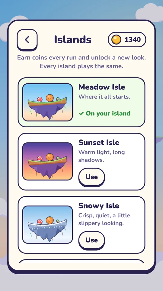 The Islands screen with Meadow, Sunset and Snowy Isle and their prices in coins.