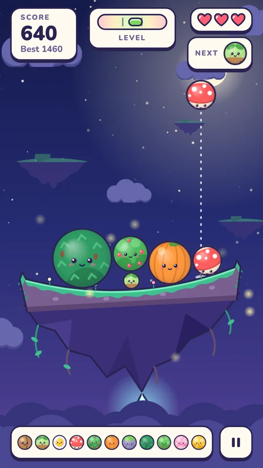Starry Isle at night with a bright moon, fireflies and a pine, a berry bush and a pumpkin on the island.