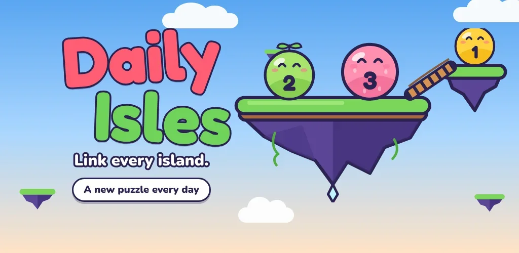 Daily Isles logo with numbered critters on floating islands joined by a rope bridge