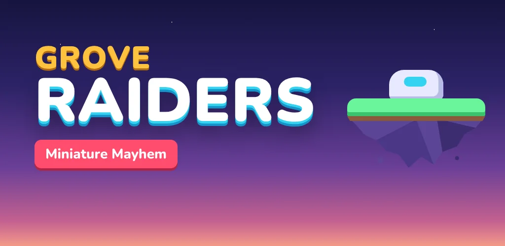 GroveRaiders title on a purple dusk sky above a floating island (placeholder art)