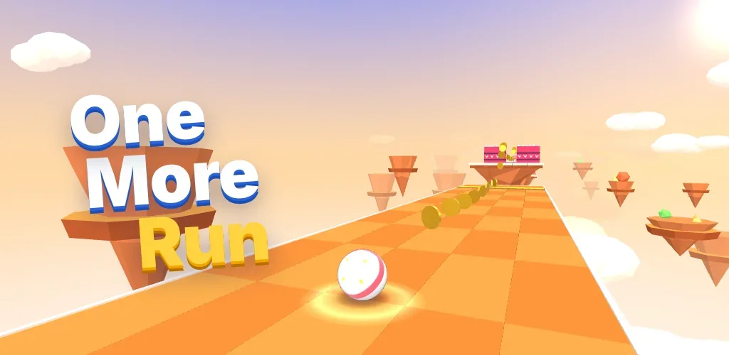 One More Run logo beside a white ball rolling along an orange track between floating sky islands