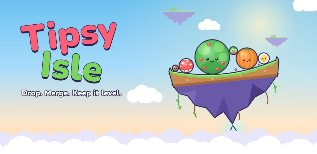 Tipsy Isle logo beside round fruit critters balanced on a tilting floating island